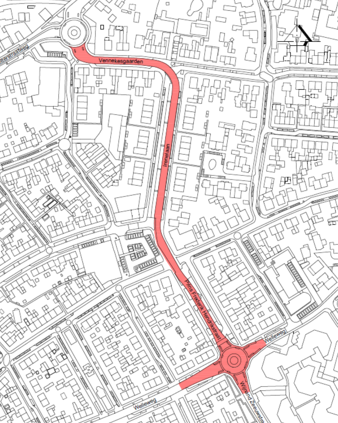 Plattegrond van een deel van Rijssen, waarop een aantal straten rood is gemarkeerd. Het gaat om een gedeelte van de Vennekesgaarden, Irenelaan, Prins Frederik Hendrikstraat en de rotonde met de Welleweg.