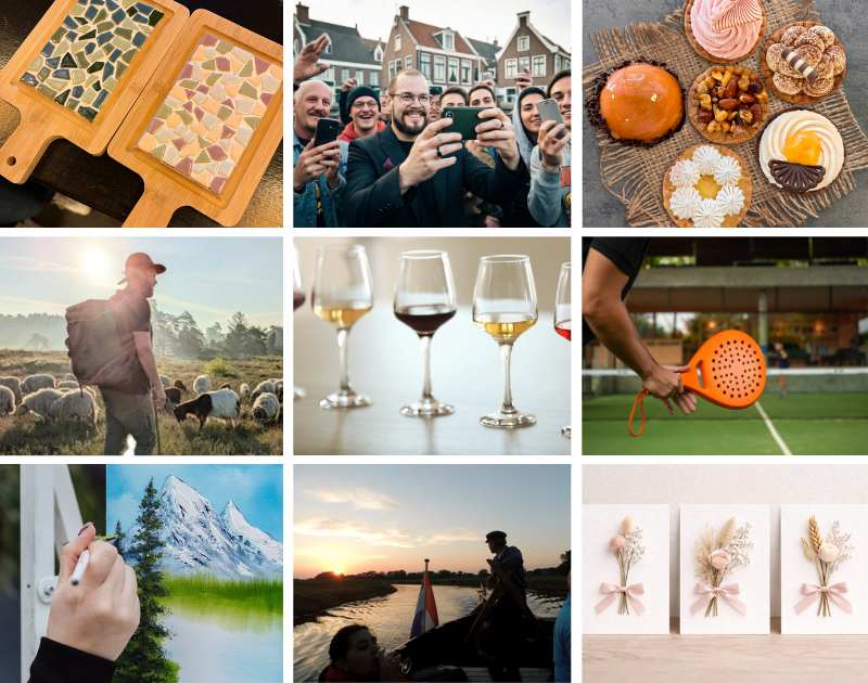 Fotocollage van mozaïek serveerplank, straatfotografie, koeken, schapendrijven, wijnproeverij, padelclinic, schilderworkshop, Enterse zomp, kaarten met droogbloemen.
